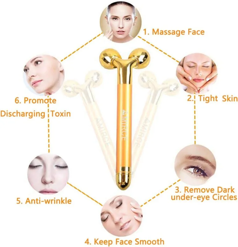 Amirce 2 in 1 Face Massager Roller Gold Facial Massager | Electric 3D Face Roller